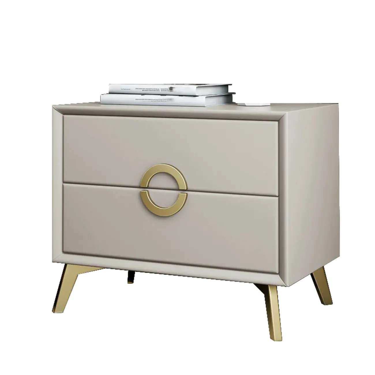 Chic Khaki Leather Gold Accents 2-Drawer Nightstand Image - 8 | homeyfad