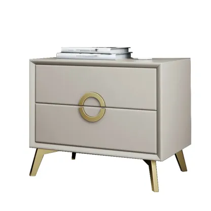 Chic Khaki Leather Gold Accents 2-Drawer Nightstand Image - 8