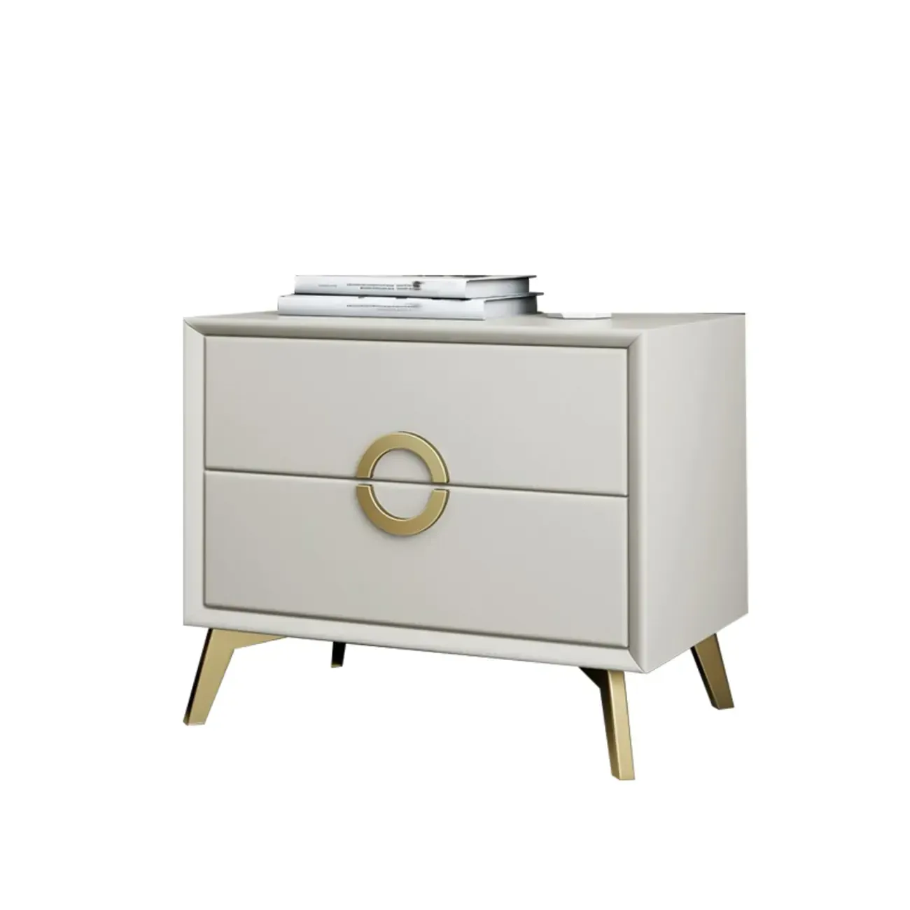 Chic Khaki Leather Gold Accents 2-Drawer Nightstand Image - 9