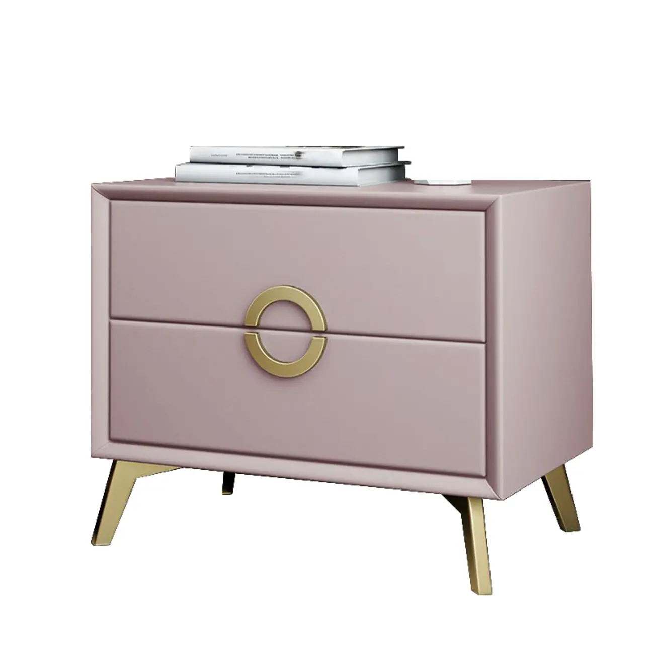 Chic Khaki Leather Gold Accents 2-Drawer Nightstand Image - 10 | homeyfad