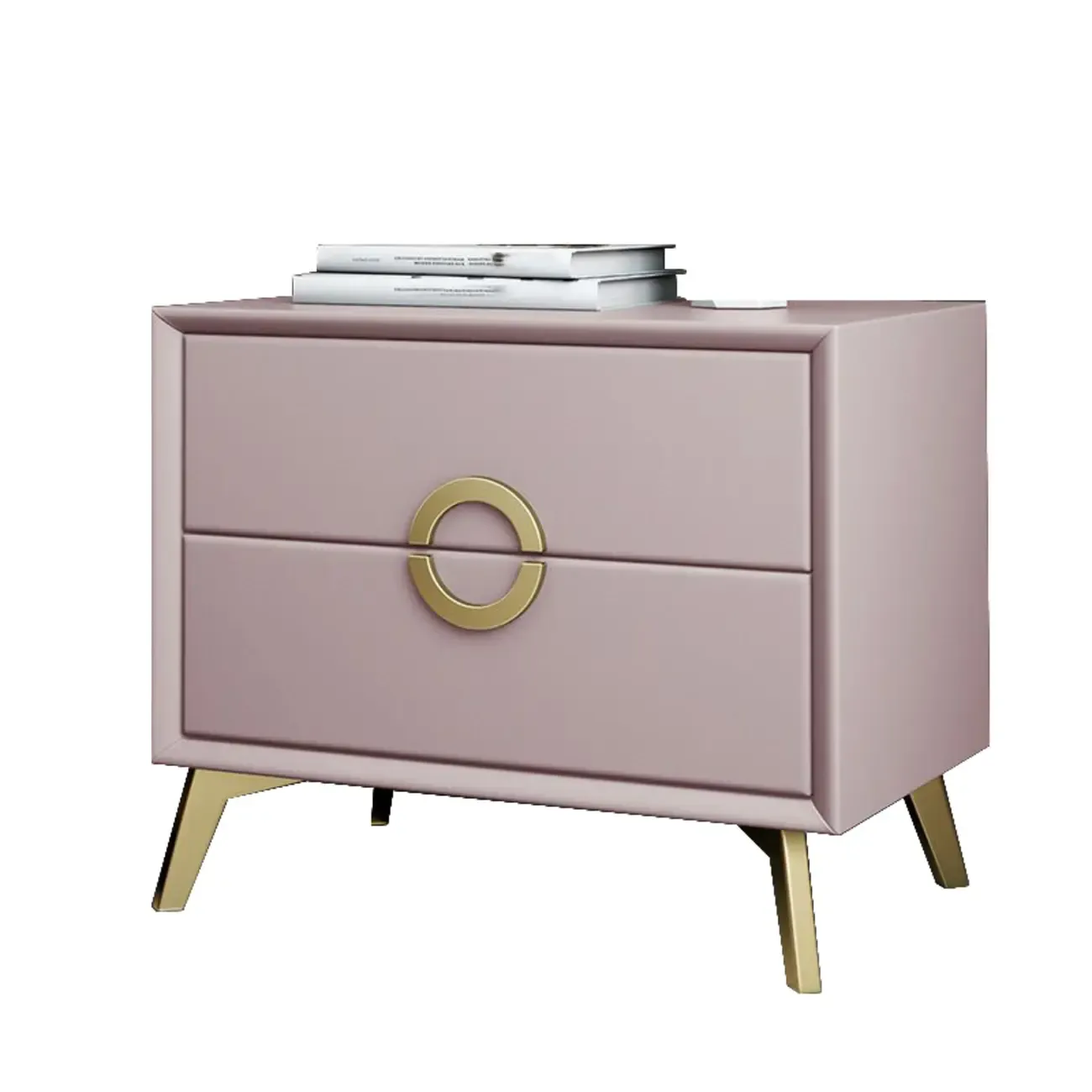 Chic Khaki Leather Gold Accents 2-Drawer Nightstand Image - 10