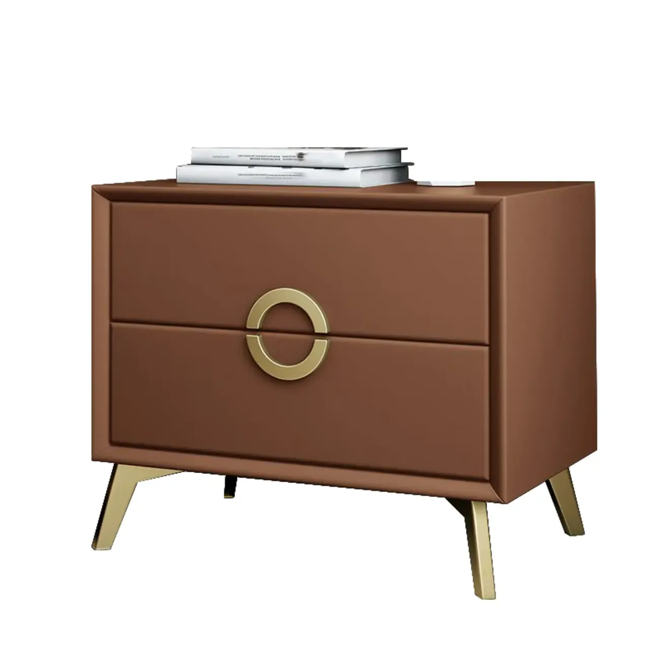 Chic Khaki Leather Gold Accents 2-Drawer Nightstand Image - 12