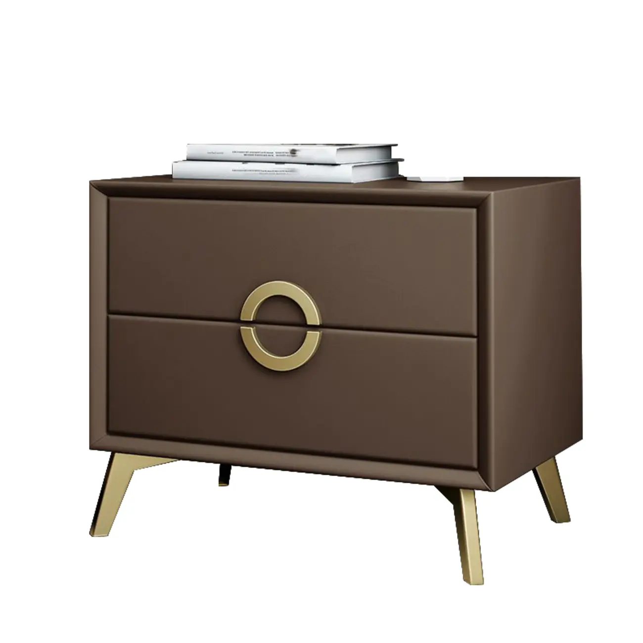 Chic Khaki Leather Gold Accents 2-Drawer Nightstand Image - 13 | homeyfad