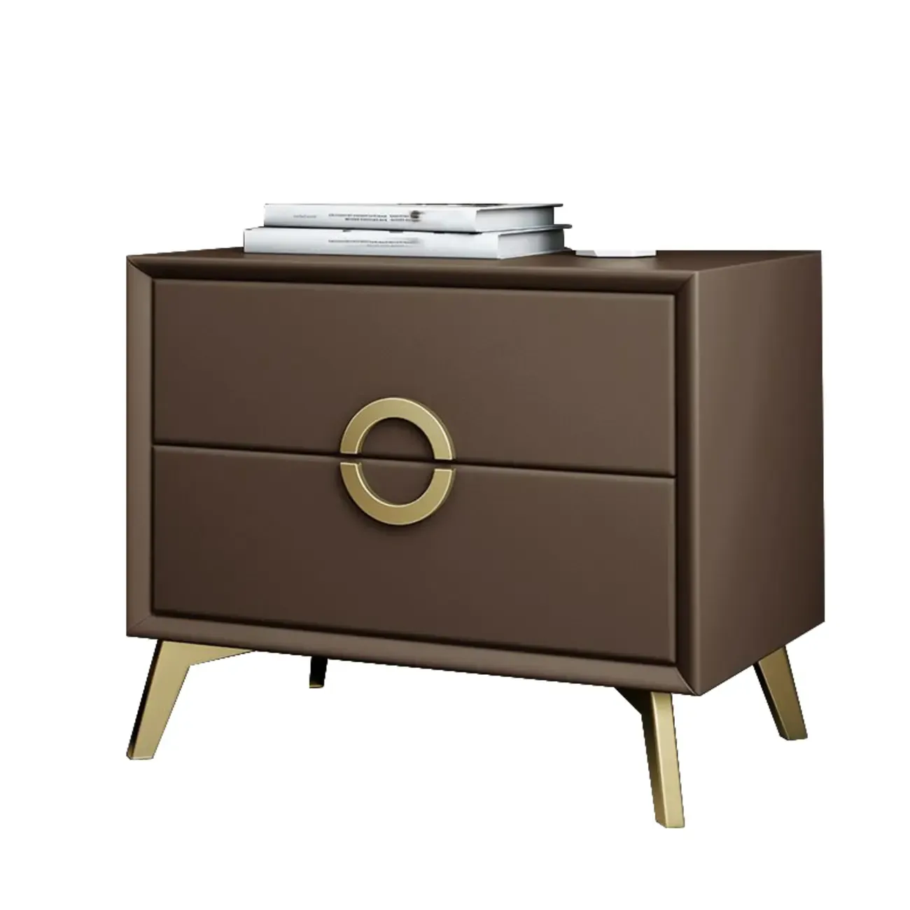 Chic Khaki Leather Gold Accents 2-Drawer Nightstand Image - 13