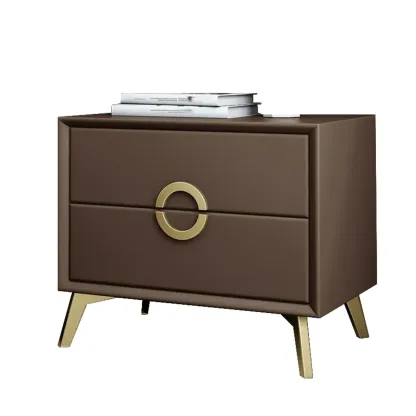 Chic Khaki Leather Gold Accents 2-Drawer Nightstand Image - 13