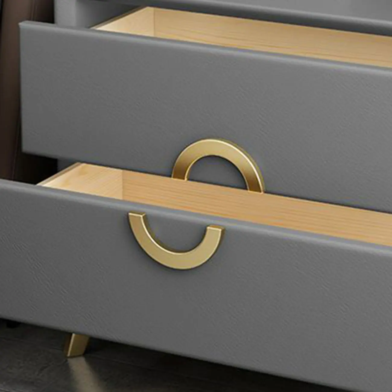 Chic Khaki Leather Gold Accents 2-Drawer Nightstand Image - 14 | homeyfad