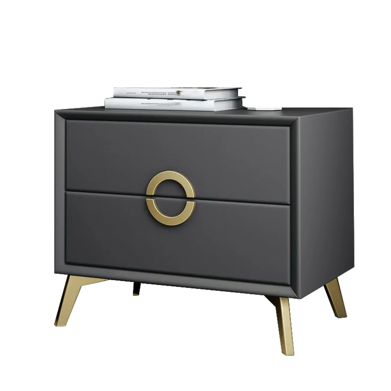 Chic Khaki Leather Gold Accents 2-Drawer Nightstand Image - 15 | homeyfad