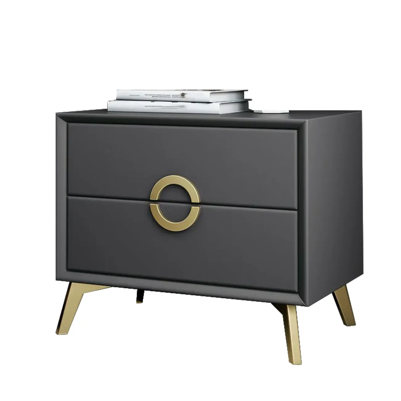 Chic Khaki Leather Gold Accents 2-Drawer Nightstand Image - 15