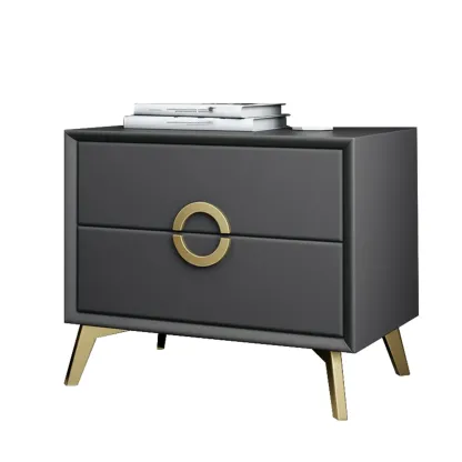 Chic Khaki Leather Gold Accents 2-Drawer Nightstand Image - 15