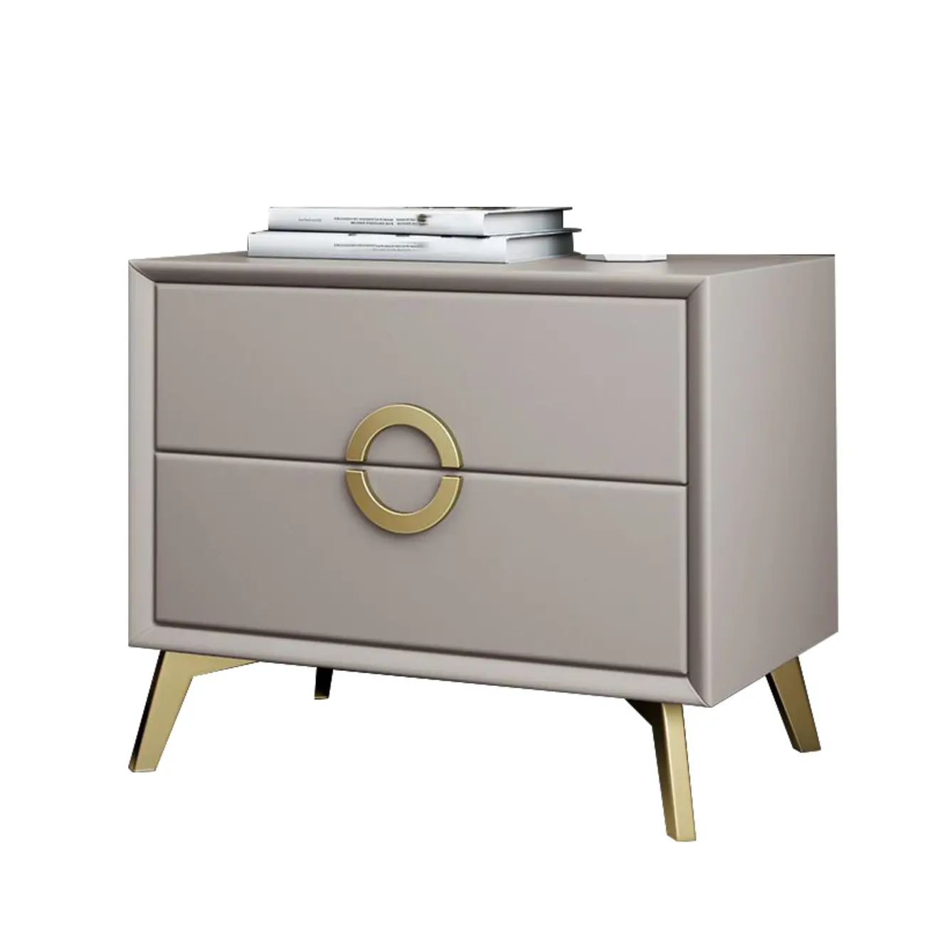 Chic Khaki Leather Gold Accents 2-Drawer Nightstand Image - 19 | homeyfad