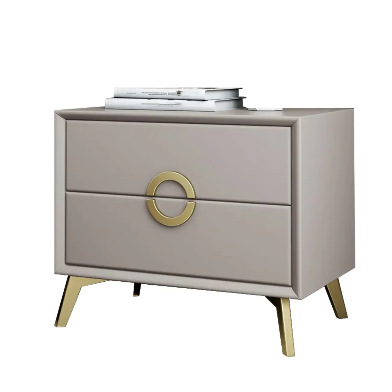 Chic Khaki Leather Gold Accents 2-Drawer Nightstand Image - 19
