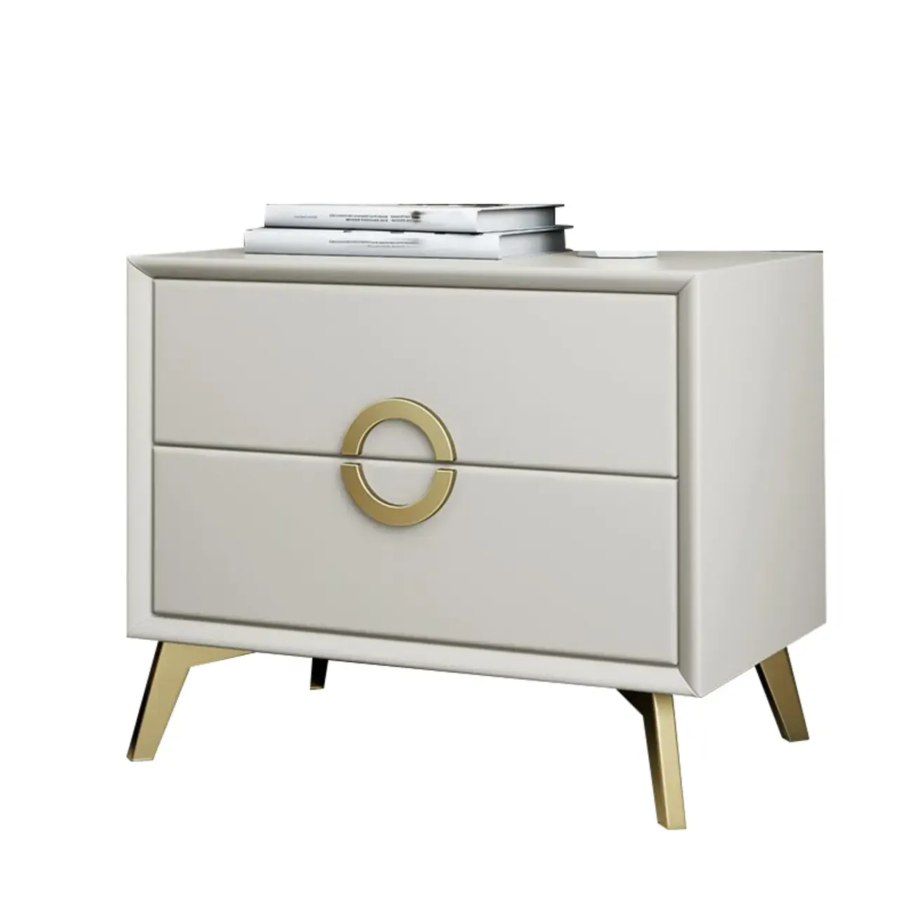 Chic Khaki Leather Gold Accents 2-Drawer Nightstand Image - 21