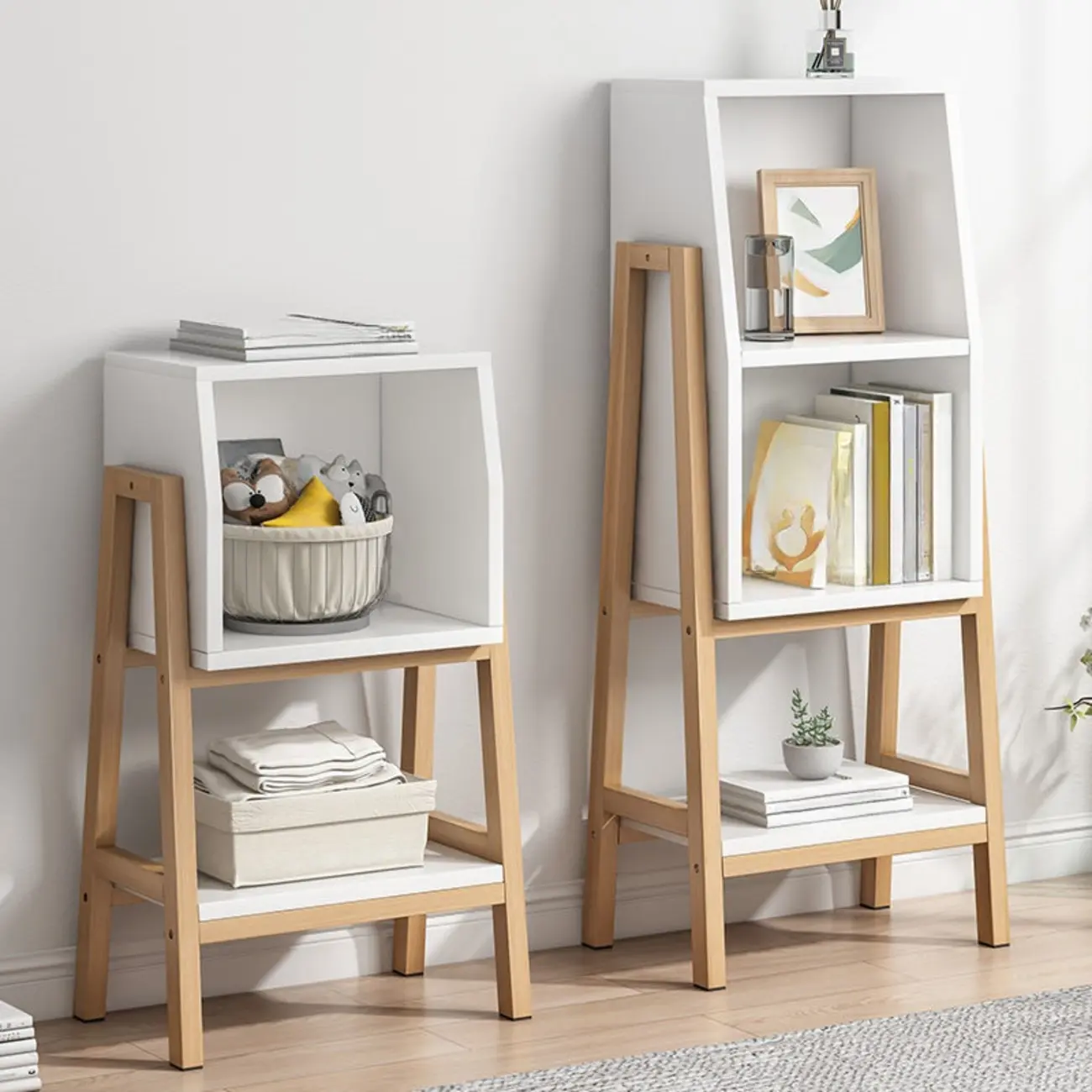 Narrow 2-Tier Natural/ White Wooden Ladder Bookcase Image - 1 | homeyfad