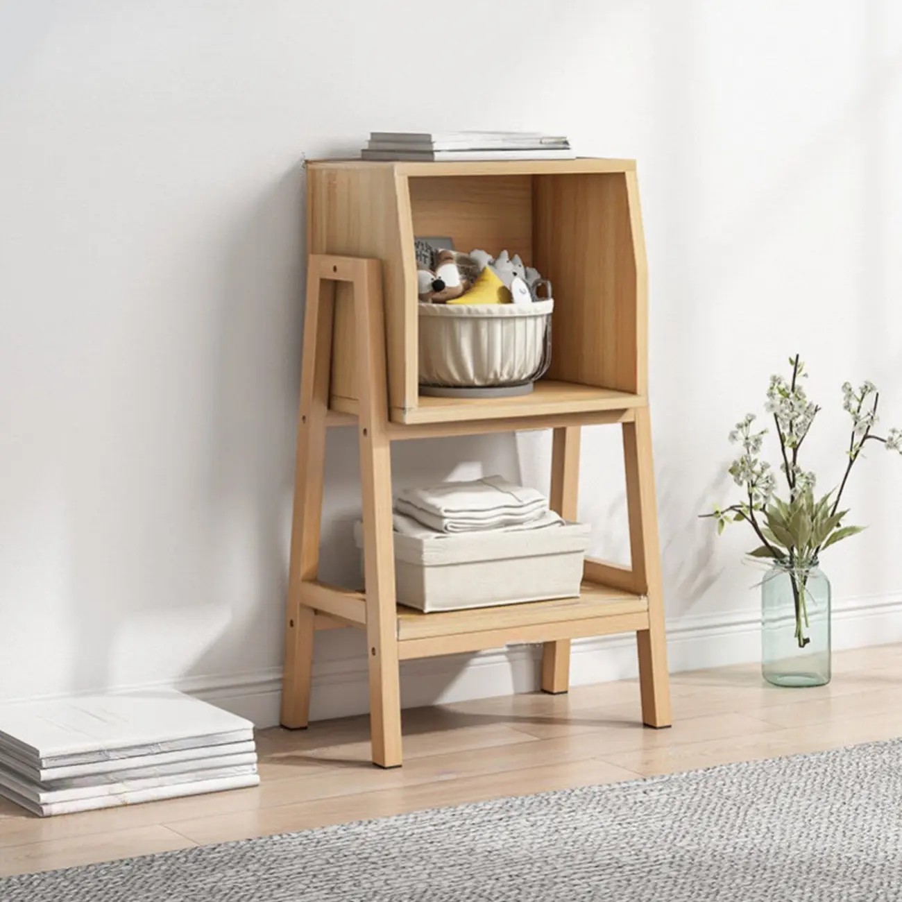 Narrow 2-Tier Natural/ White Wooden Ladder Bookcase Image - 4 | homeyfad