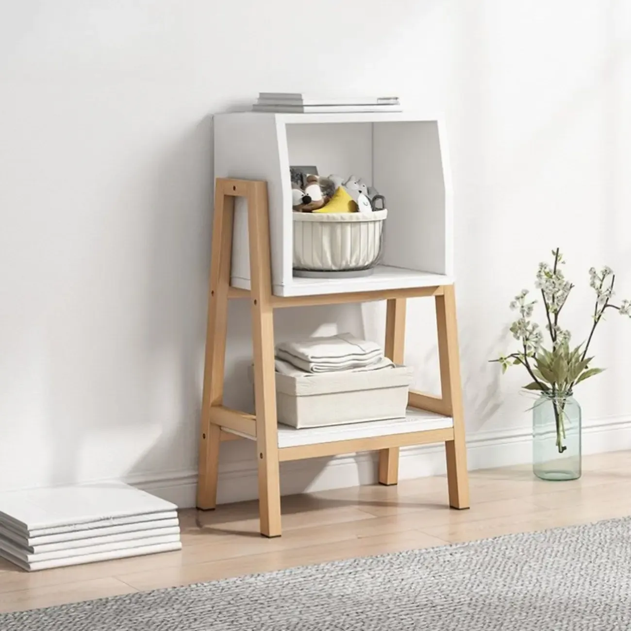 Narrow 2-Tier Natural/ White Wooden Ladder Bookcase Image - 5