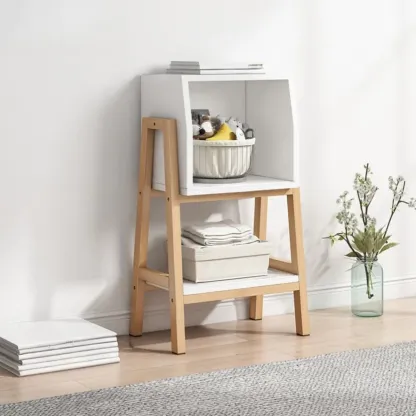 Narrow 2-Tier Natural/ White Wooden Ladder Bookcase Image - 5