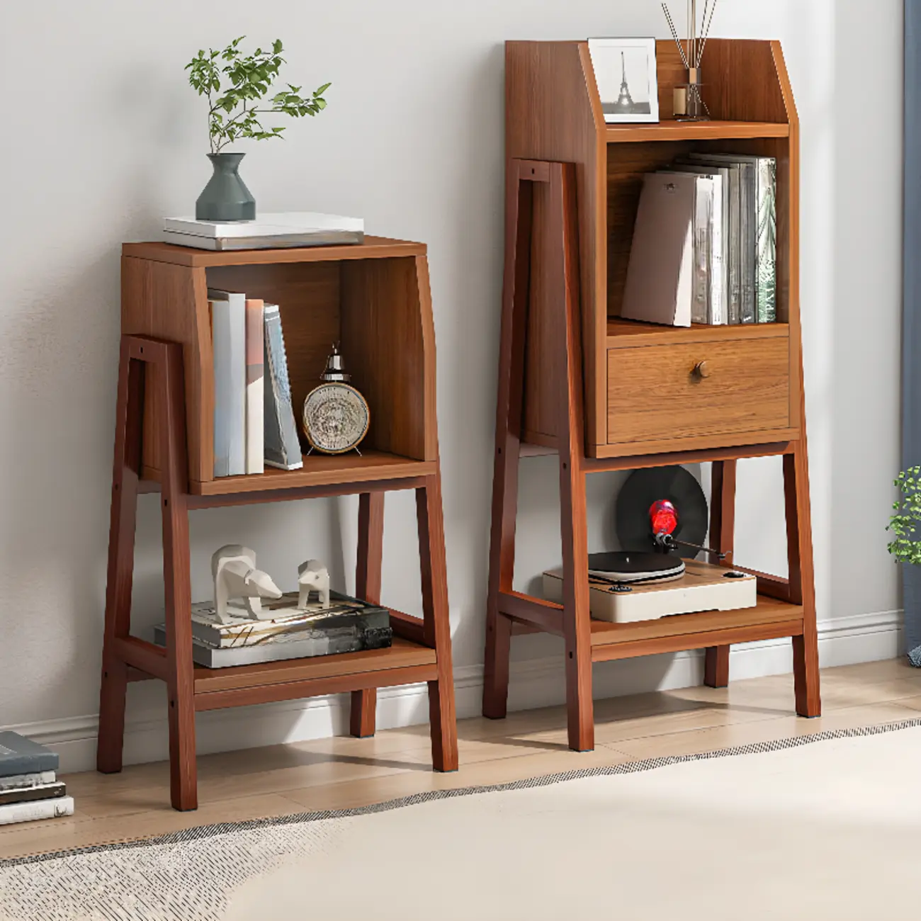 Narrow 2-Tier Natural/ White Wooden Ladder Bookcase Image - 2 | homeyfad