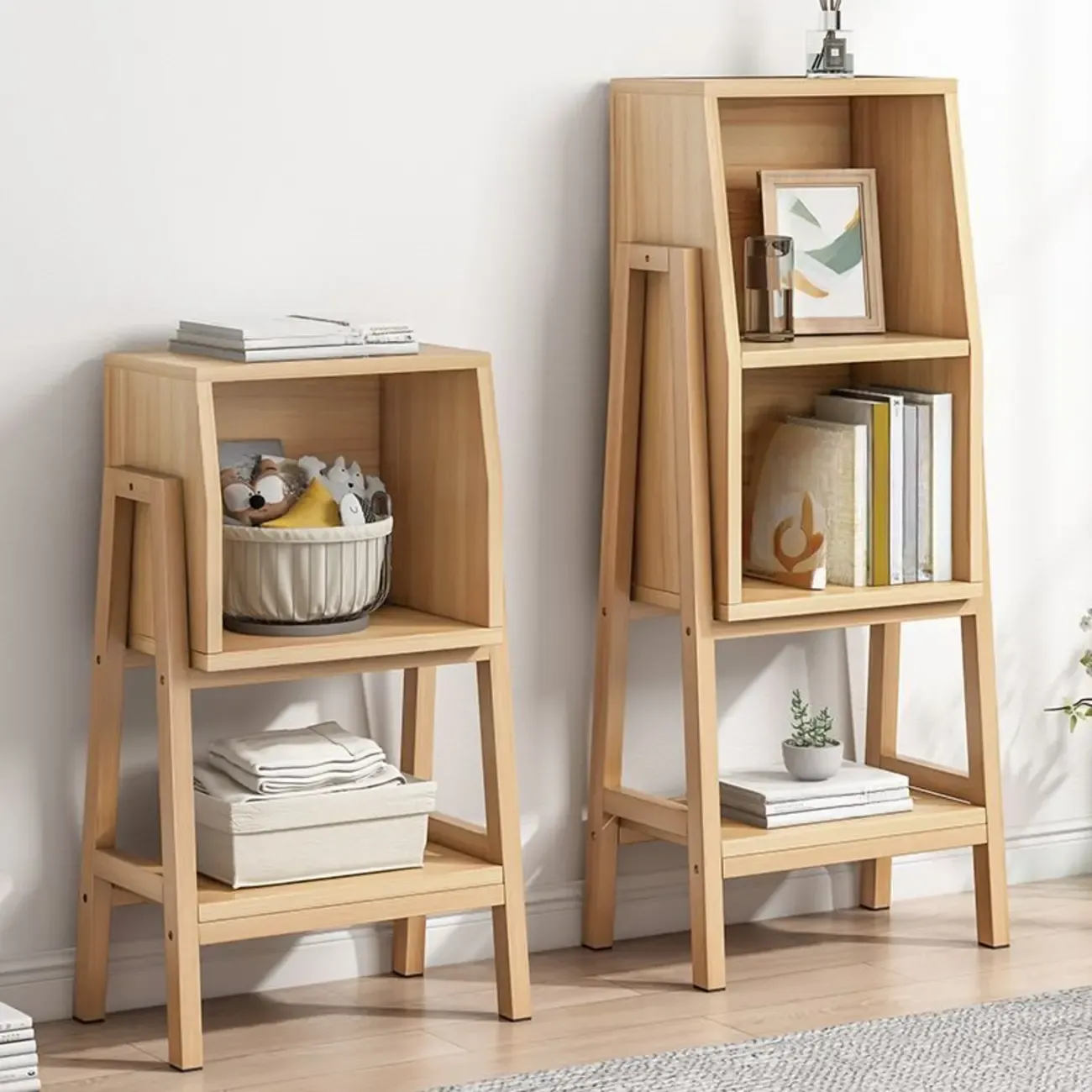 Narrow 2-Tier Natural/ White Wooden Ladder Bookcase Image - 3