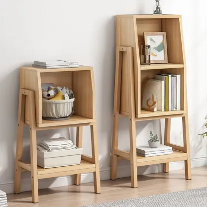 Narrow 2-Tier Natural/ White Wooden Ladder Bookcase Image - 3