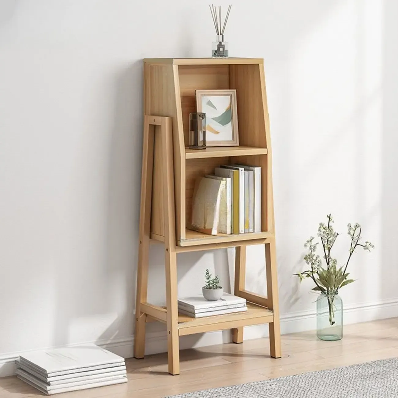 Narrow 2-Tier Natural/ White Wooden Ladder Bookcase Image - 7