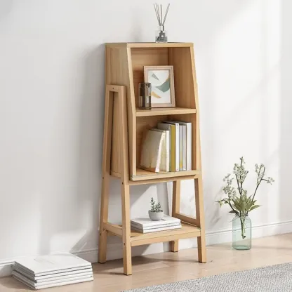 Narrow 2-Tier Natural/ White Wooden Ladder Bookcase Image - 7