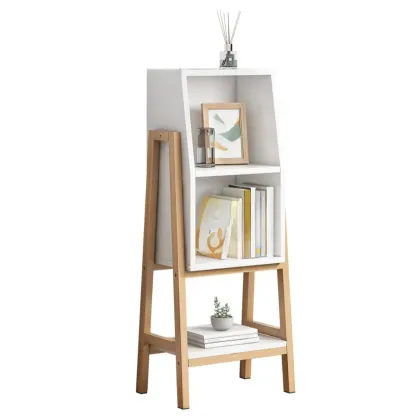 Narrow 2-Tier Natural/ White Wooden Ladder Bookcase Image - 8