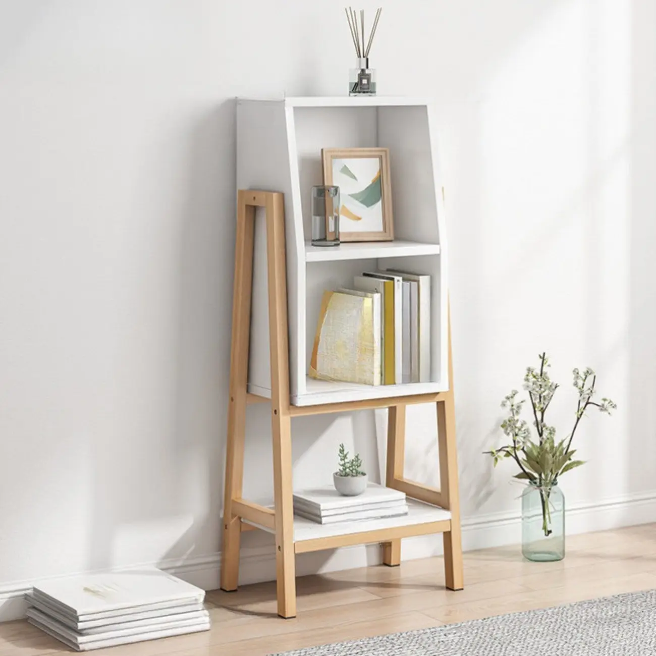 Narrow 2-Tier Natural/ White Wooden Ladder Bookcase Image - 9 | homeyfad