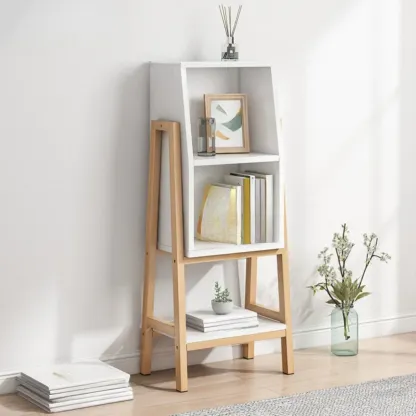 Narrow 2-Tier Natural/ White Wooden Ladder Bookcase Image - 9