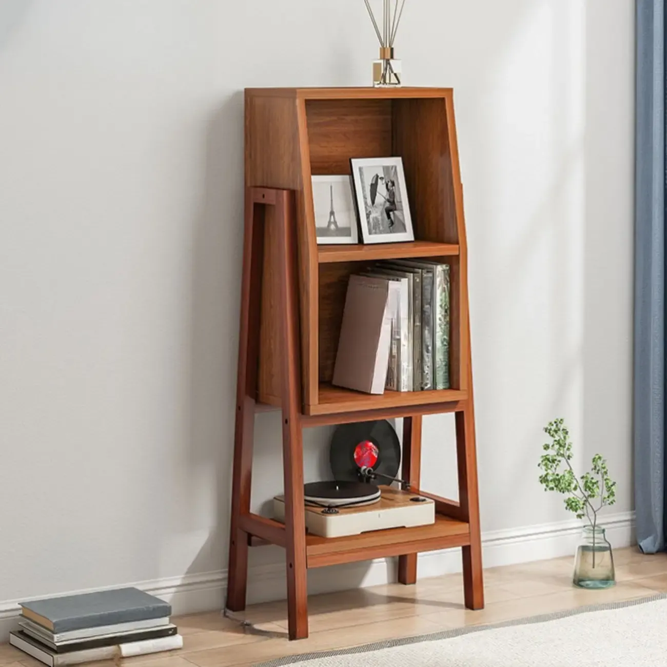 Narrow 2-Tier Natural/ White Wooden Ladder Bookcase Image - 11