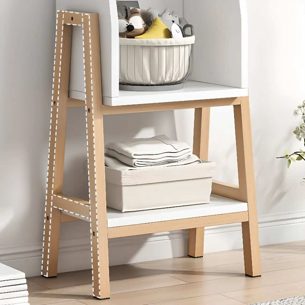 Narrow 2-Tier Natural/ White Wooden Ladder Bookcase Image - 16