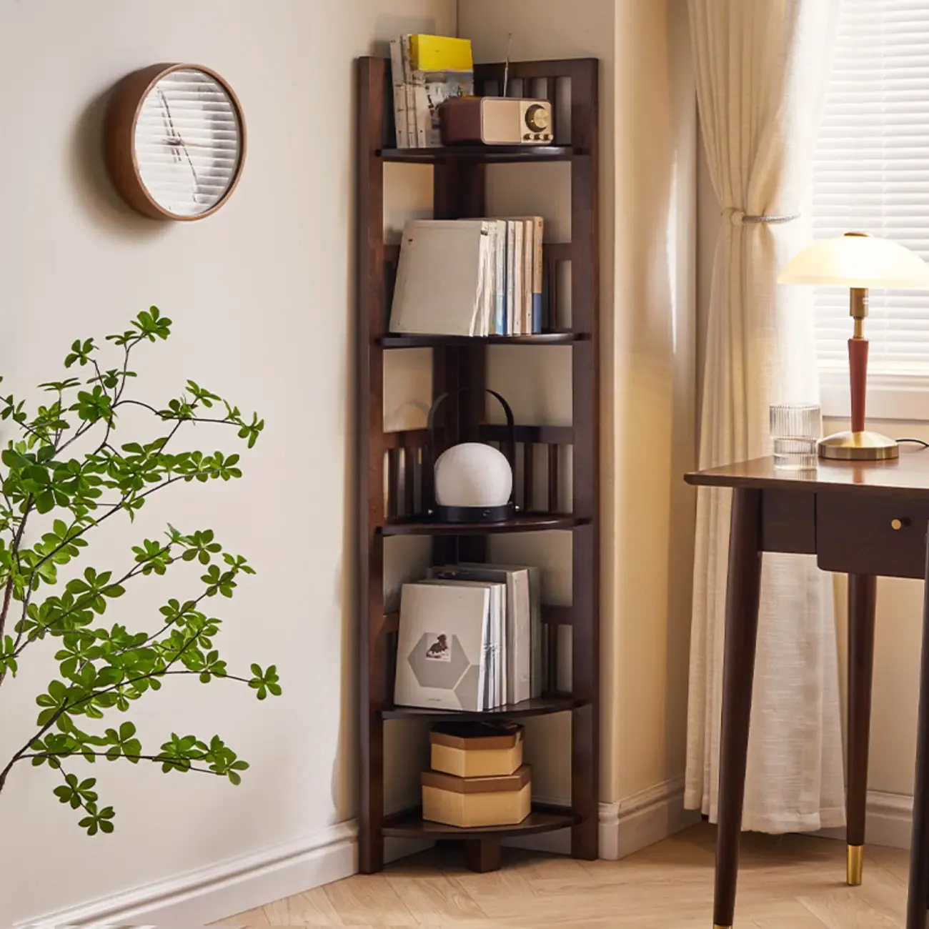 Narrow 5-Tier Nut-Brown Wood Open Corner Bookcase Image - 2