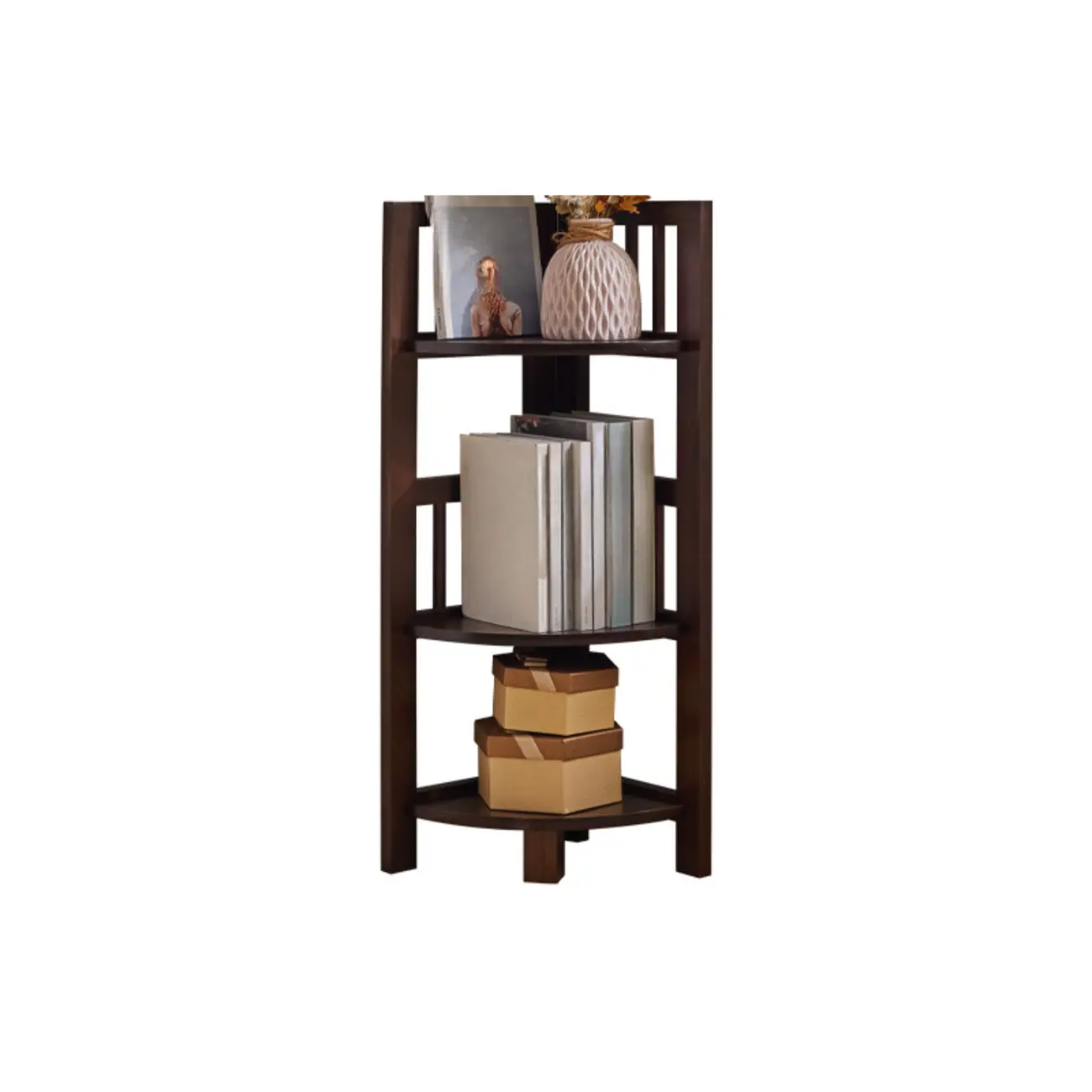 Narrow 5-Tier Nut-Brown Wood Open Corner Bookcase Image - 5 | homeyfad