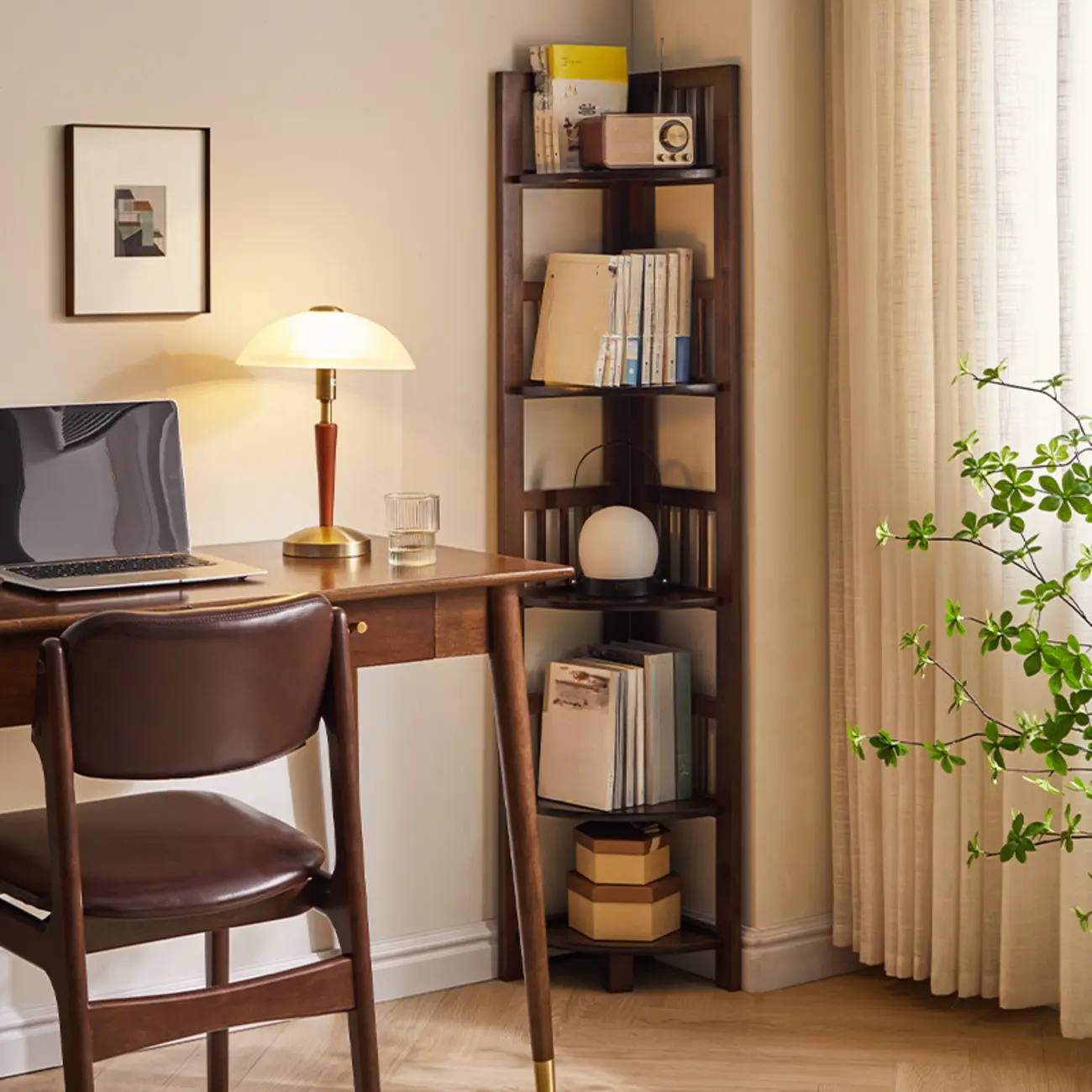 Narrow 5-Tier Nut-Brown Wood Open Corner Bookcase Image - 1 | homeyfad