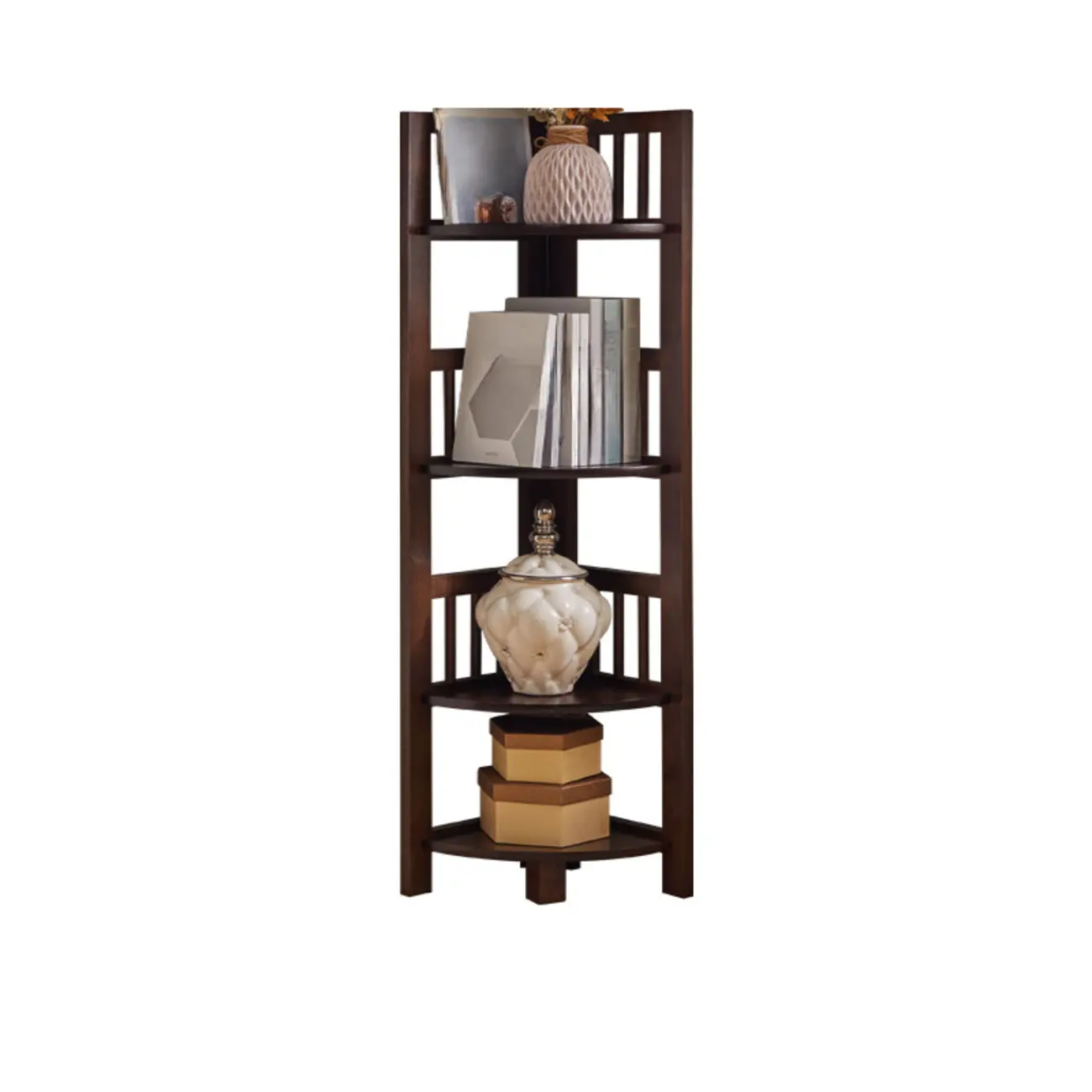 Narrow 5-Tier Nut-Brown Wood Open Corner Bookcase Image - 7 | homeyfad