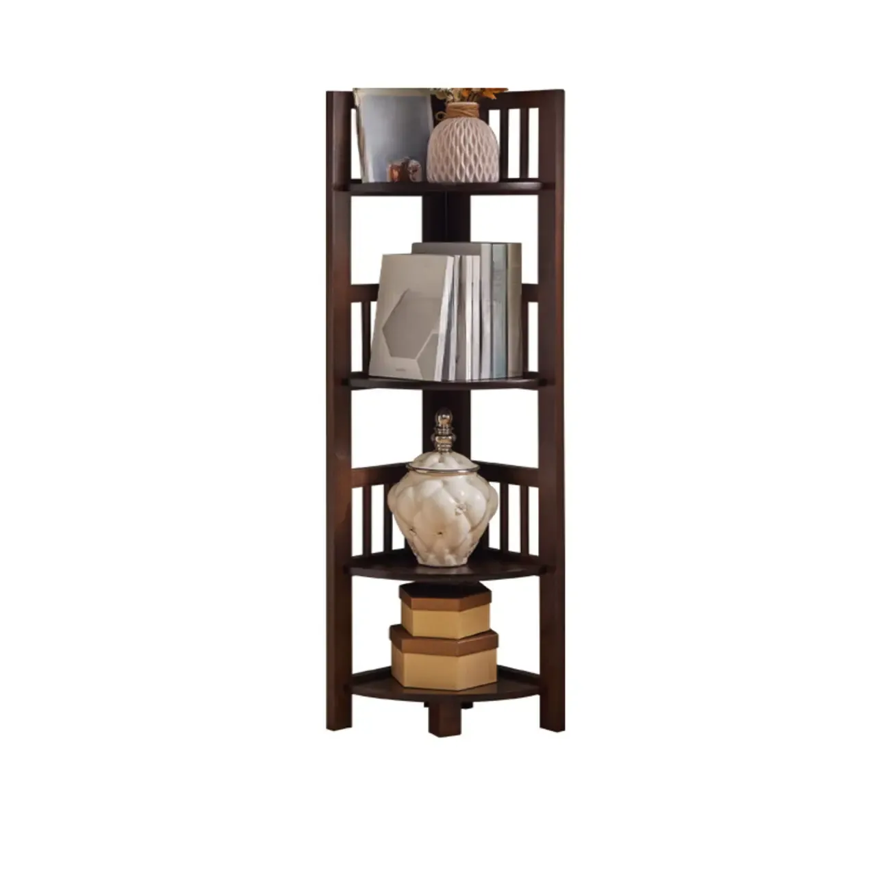 Narrow 5-Tier Nut-Brown Wood Open Corner Bookcase Image - 7