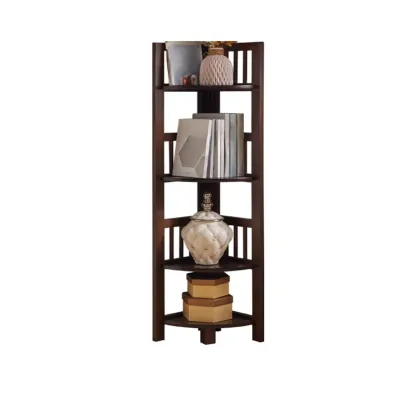 Narrow 5-Tier Nut-Brown Wood Open Corner Bookcase Image - 7