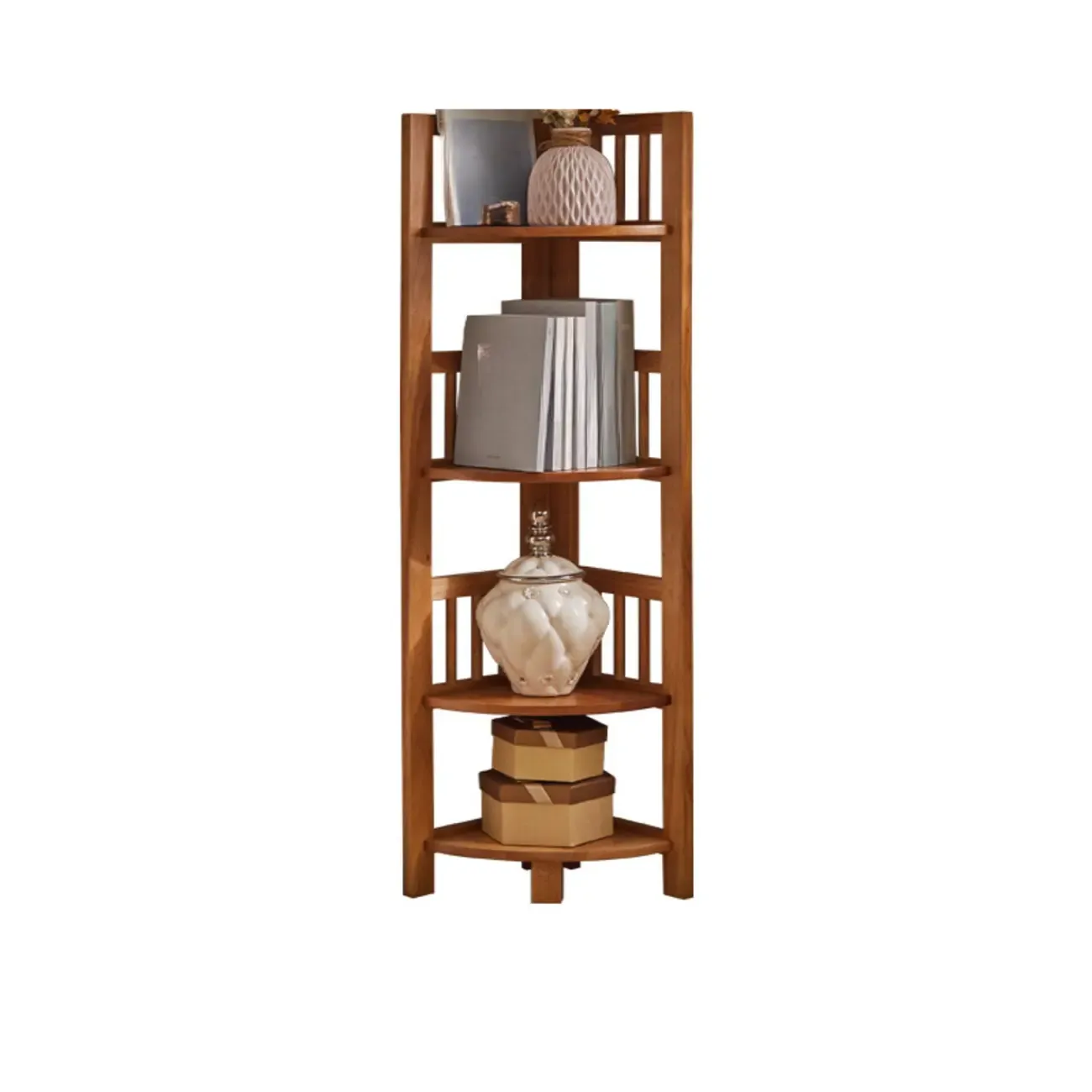 Narrow 5-Tier Nut-Brown Wood Open Corner Bookcase Image - 8
