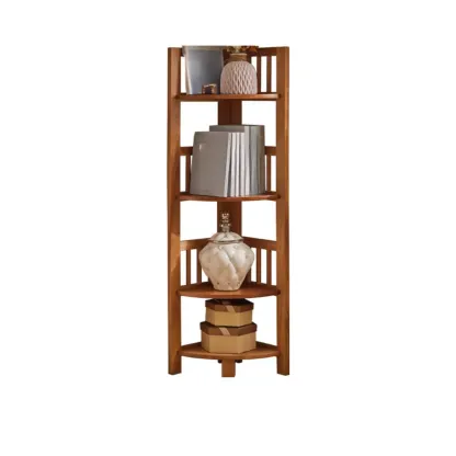 Narrow 5-Tier Nut-Brown Wood Open Corner Bookcase Image - 8