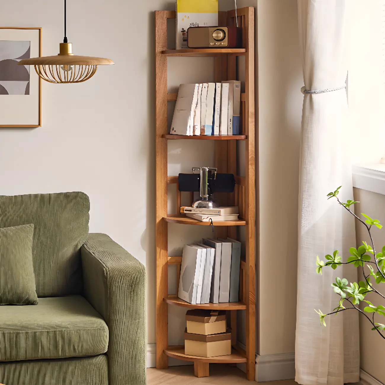 Narrow 5-Tier Nut-Brown Wood Open Corner Bookcase Image - 3 | homeyfad