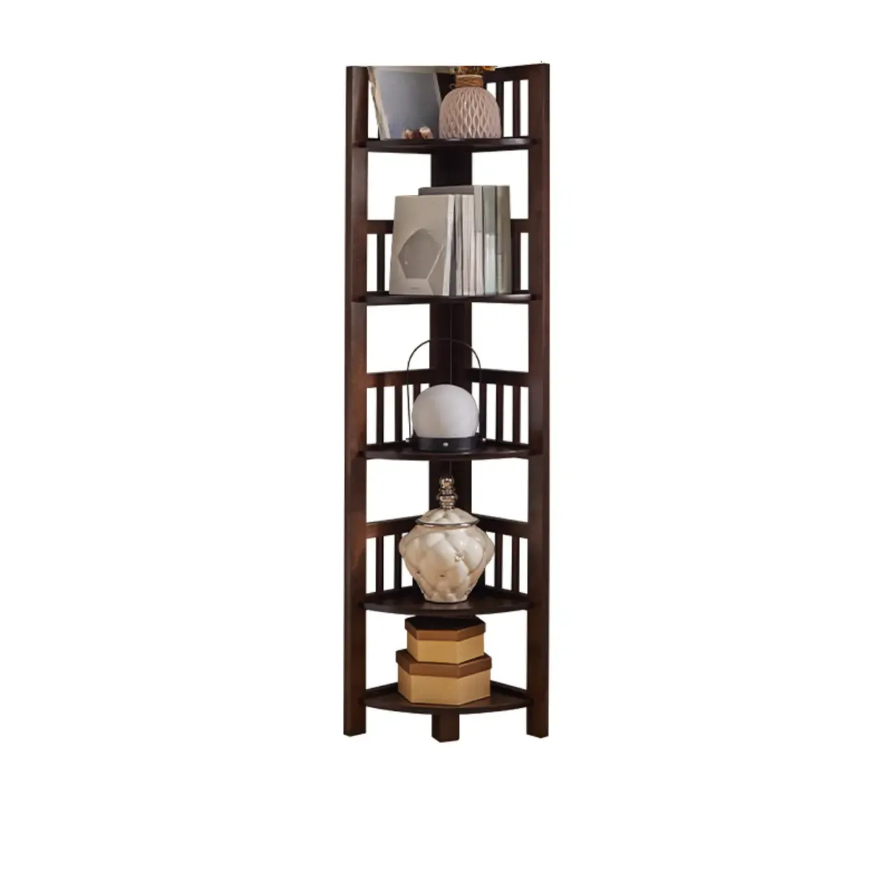 Narrow 5-Tier Nut-Brown Wood Open Corner Bookcase Image - 9