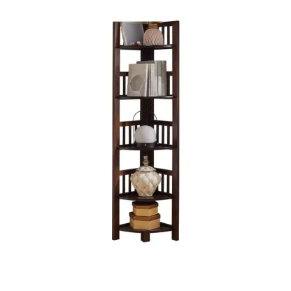 Narrow 5-Tier Nut-Brown Wood Open Corner Bookcase Image - 9