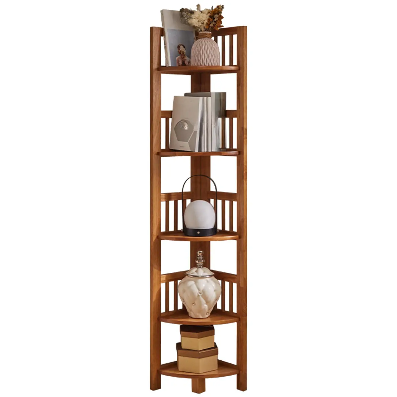 Narrow 5-Tier Nut-Brown Wood Open Corner Bookcase Image - 10 | homeyfad