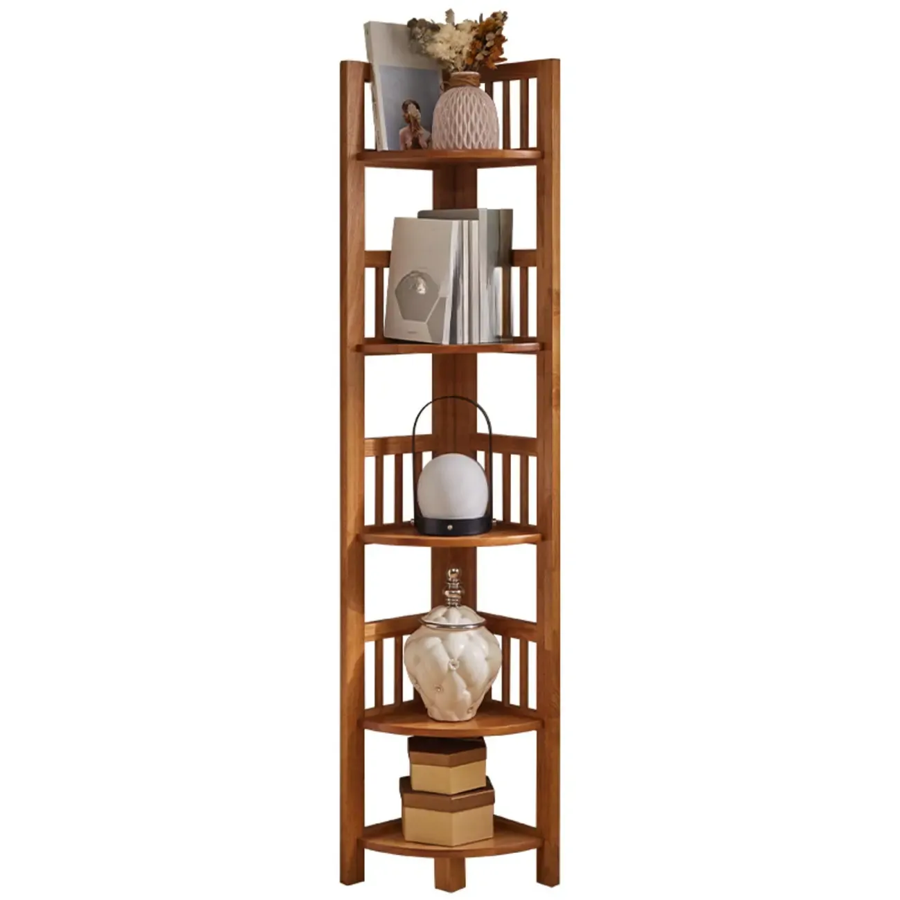 Narrow 5-Tier Nut-Brown Wood Open Corner Bookcase Image - 10
