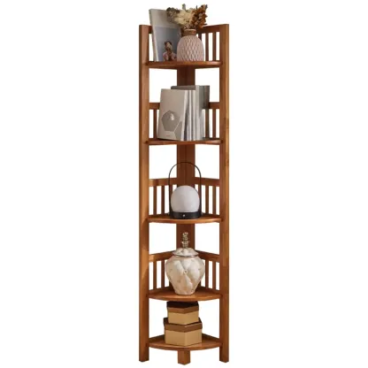 Narrow 5-Tier Nut-Brown Wood Open Corner Bookcase Image - 10