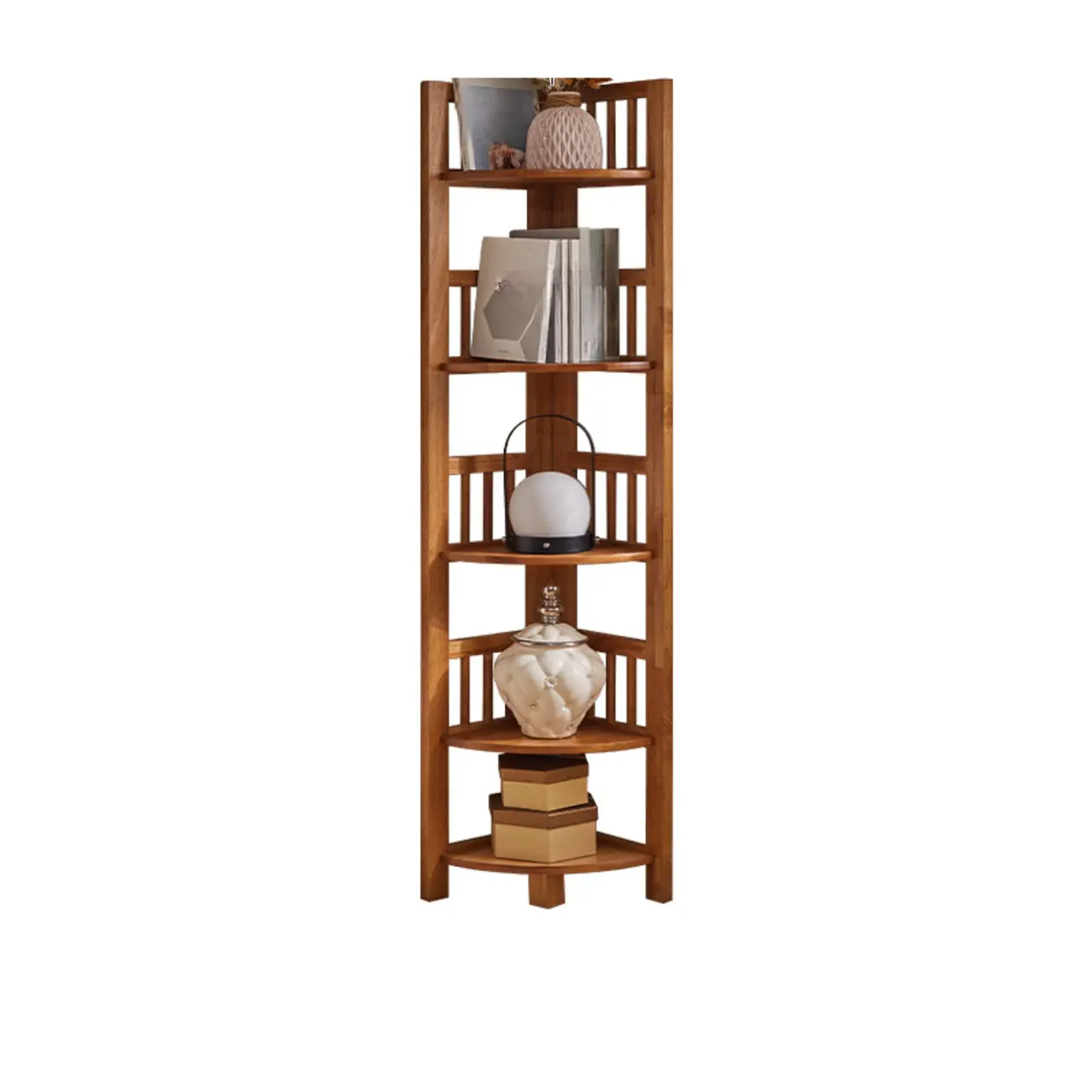 Narrow 5-Tier Nut-Brown Wood Open Corner Bookcase Image - 11 | homeyfad