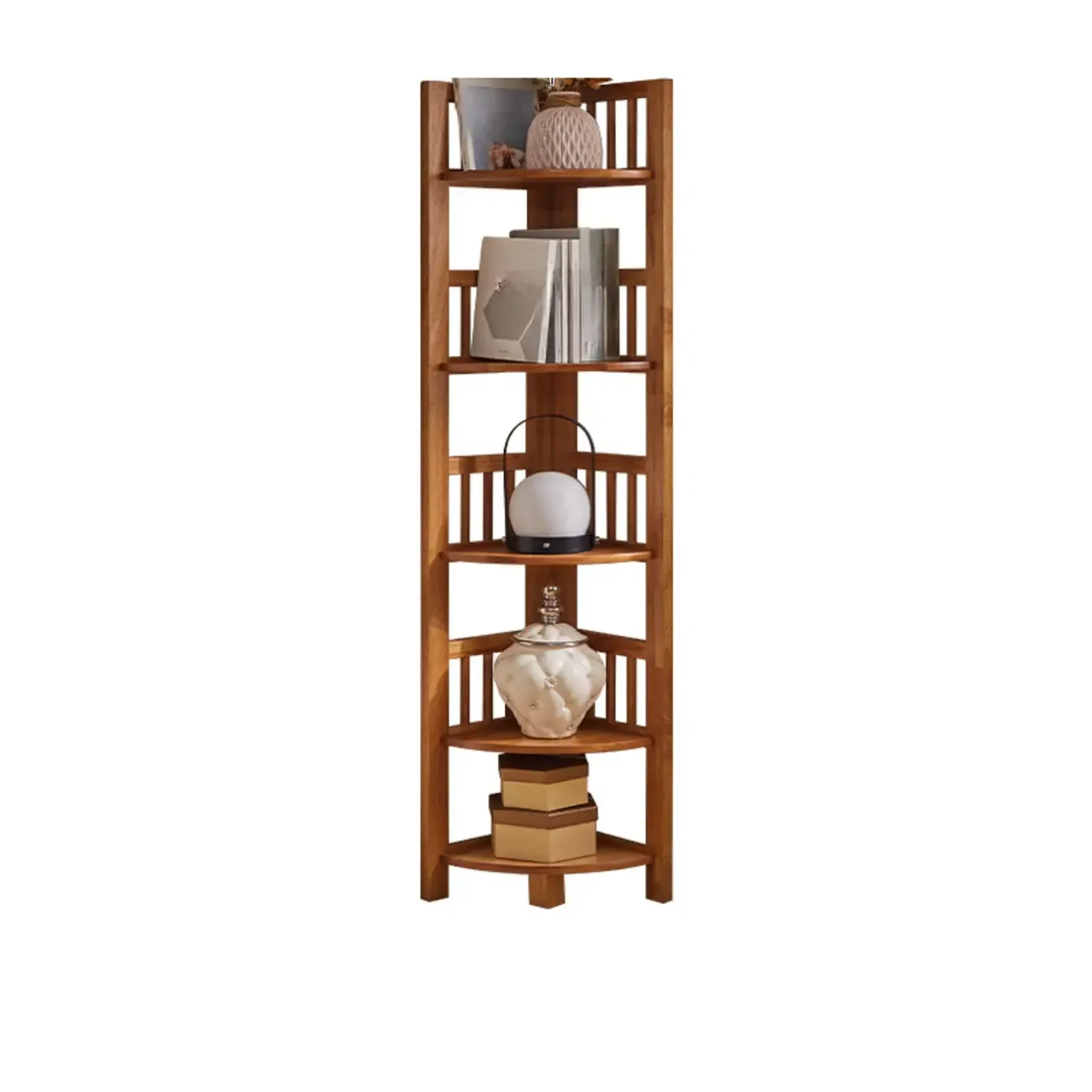Narrow 5-Tier Nut-Brown Wood Open Corner Bookcase Image - 11