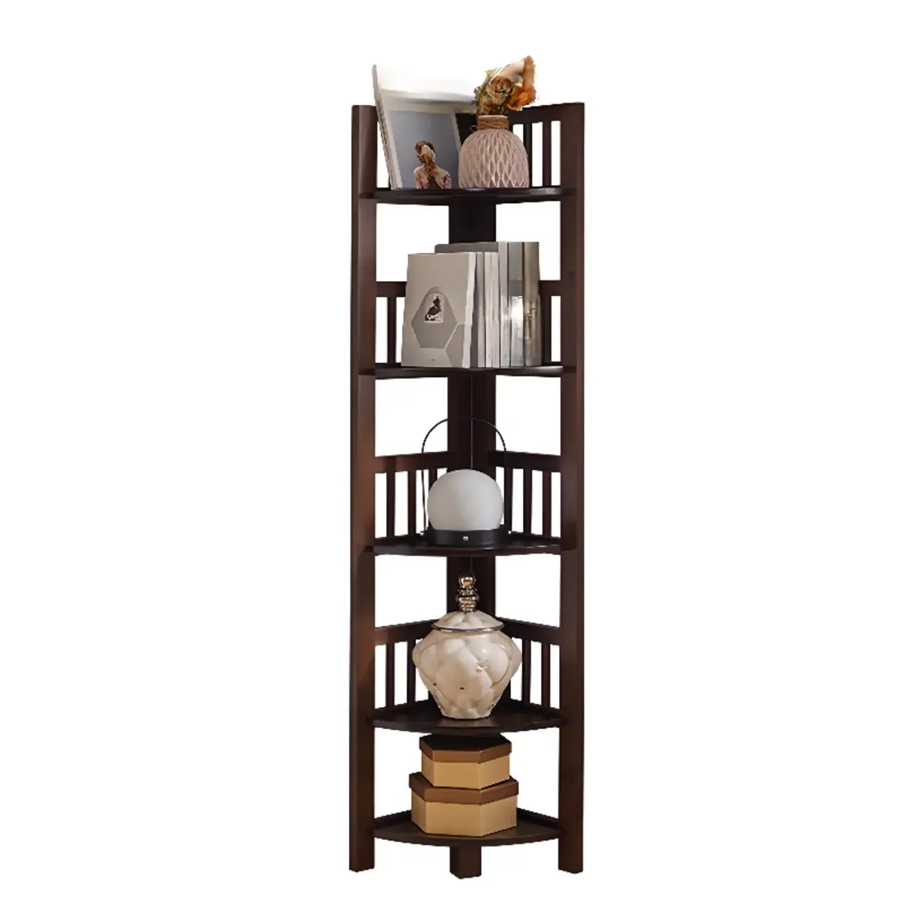 Narrow 5-Tier Nut-Brown Wood Open Corner Bookcase Image - 18
