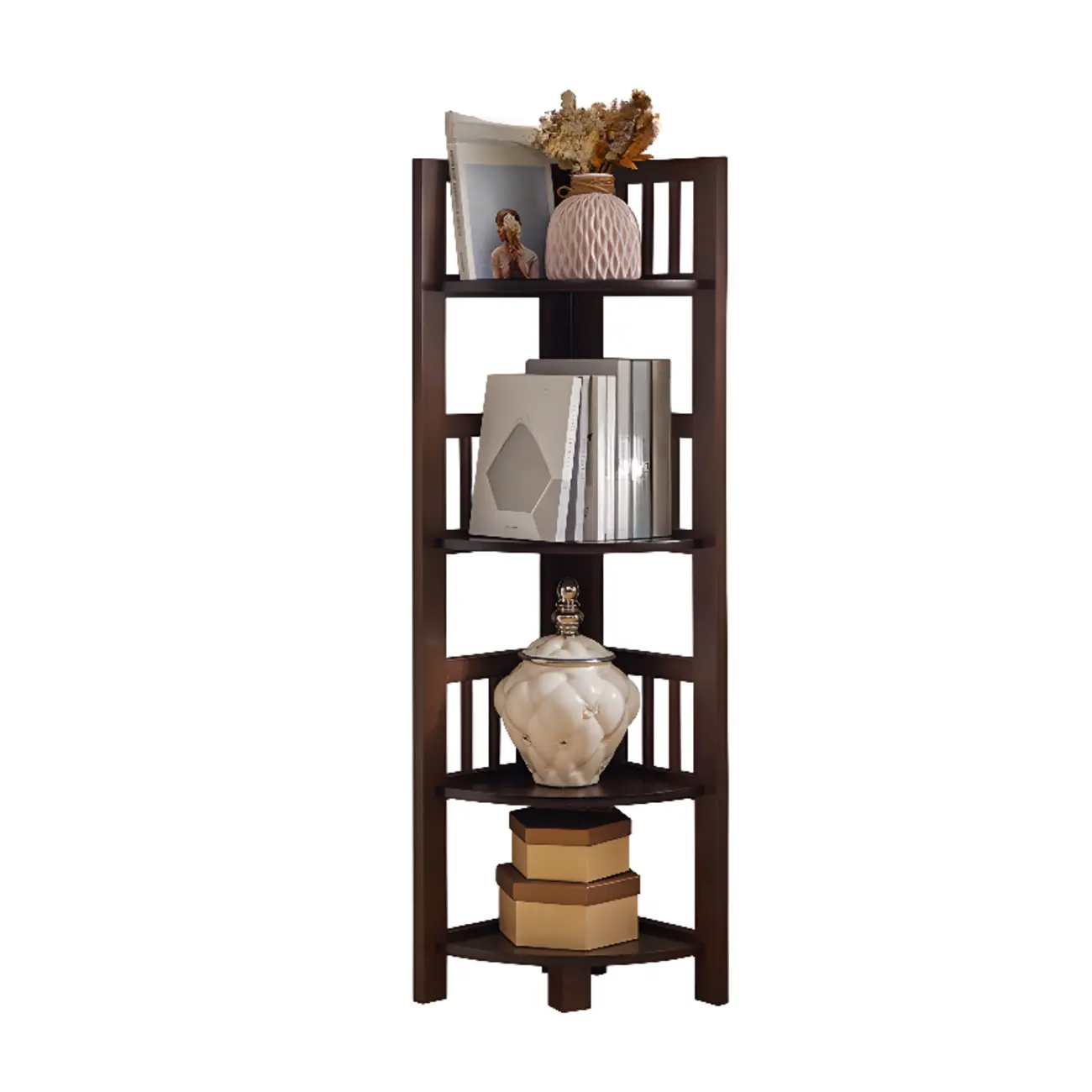 Narrow 5-Tier Nut-Brown Wood Open Corner Bookcase Image - 19 | homeyfad