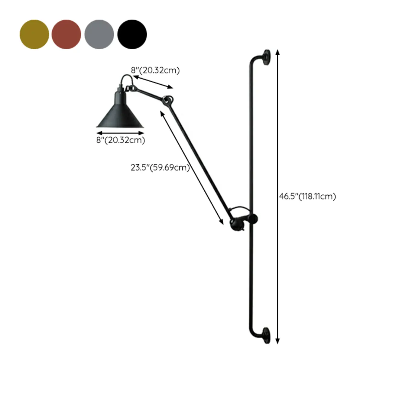 Industrial Cone-Shaped Swing Arm Wall Light for Bedroom  #size