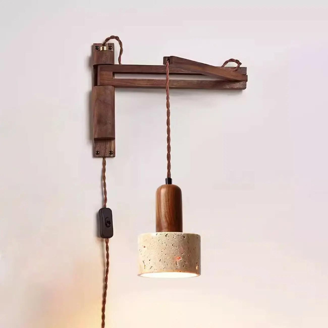 Rustic Stone Shade Adjustable Wooden Swing Arm Wall Light Image - 3 | homeyfad
